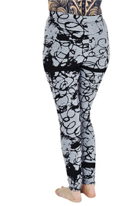 Black Scrible On Grey Cotton Lycra Leggings