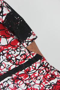 Black and red scribble on white cotton jersey dress with 3/4 sleeves