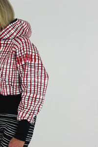 Black and red stripes on white fleece cropped hoodie