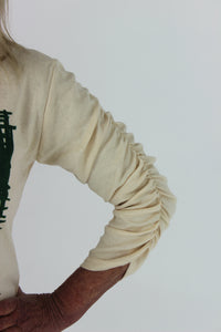 Gathered sleeve green and brown squares on cream cotton jersey long-sleeve tee