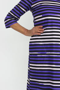Black stripes on purple and white cotton jersey dress with 3/4 sleeves