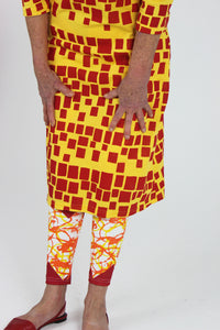 Red squares on yellow cotton jersey dress with 3/4 sleeves