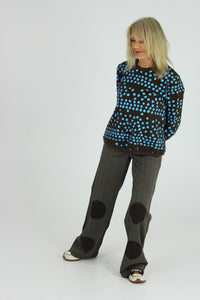 Blue dots on brown loose fitting long cotton jumper