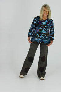 Blue dots on brown loose fitting long cotton jumper