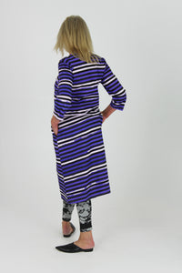 Black stripes on purple and white cotton jersey dress with 3/4 sleeves