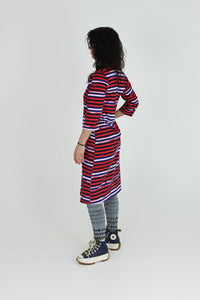 Purple stripes on red and pink cotton jersey dress with 3/4 sleeves
