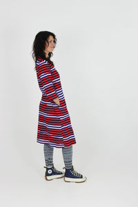 Purple stripes on red and pink cotton jersey dress with 3/4 sleeves