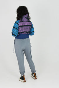 Pink and blue stripes on green fleece cropped hoodie