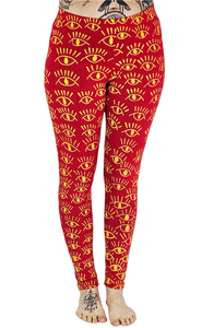 Eyes Yellow On Red Cotton Lycra Leggings
