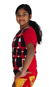 Round Neck Tee with Red and Black Rectangle Print