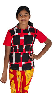 Round Neck Tee with Red and Black Rectangle Print