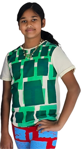 Round Neck Tee with Green Rectangles Print