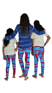 Blue rectangles on red Children's Cotton Lycra leggings