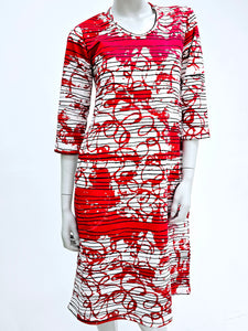 Thin black stripes and red scrible cotton jersey dress with 3/4 sleeves