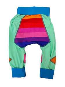 Colorful pants with a rainbow pattern on a white background