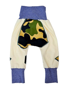 Children's pants with camouflage pattern and blue accents on a white background