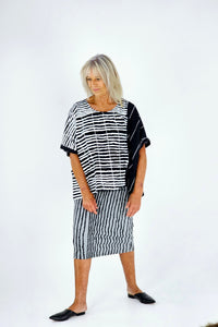 Black vertical stripes on grey cotton rib pencil skirt