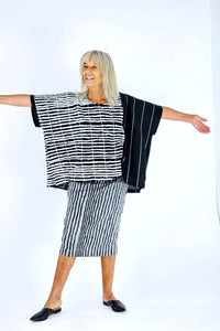 Black vertical stripes on grey cotton rib pencil skirt