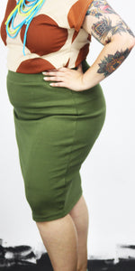 Olive Green Cotton Rib Pencil Skirt
