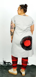 Boat Neck With Black & Red Circles On Grey Square Dress