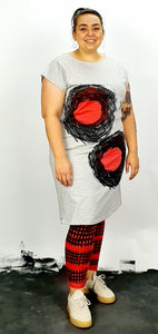 Boat Neck With Black & Red Circles On Grey Square Dress