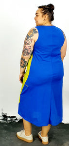 Yellow skull on blue sleeveless back seam A'line dress