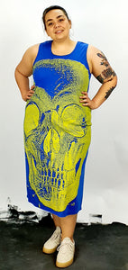 Yellow skull on blue sleeveless back seam A'line dress