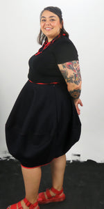 Navy denim bubble skirt with red trim with one pocket and side zip