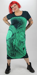 Green Skull On Dark Green Back Seam Short Sleeve Dress